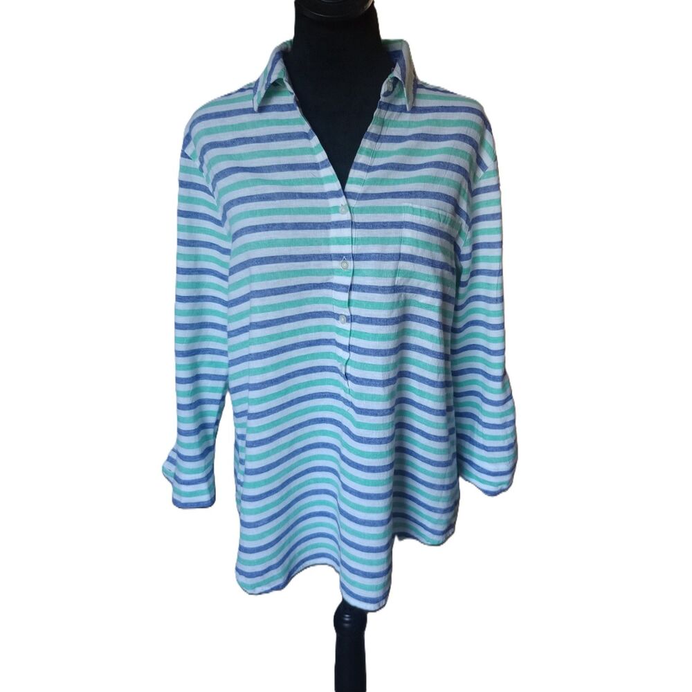 Gap Women's M White, Blue & Green Stripe 1/2 Button Blouse With Roll Tab Sleeves